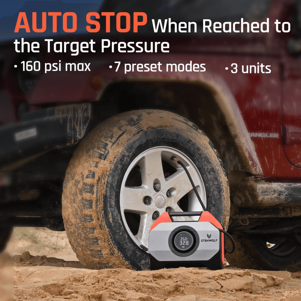 ETENWOLF inflator sitting in the sand beside a muddy Jeep wheel, with text about auto-stop, 160 PSI maximum pressure and 7 preset modes