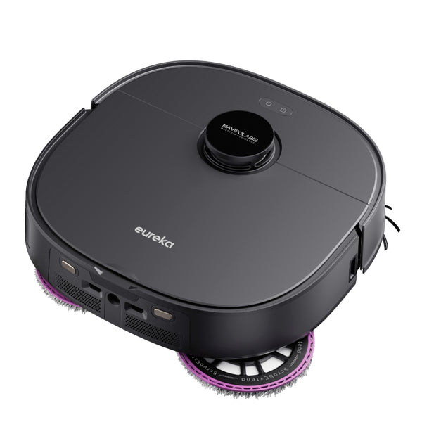 Top-down view of a Eureka robot vacuum with its round mop pads swung out past the edges of the body