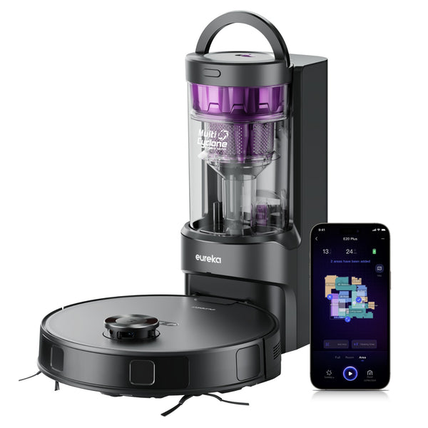 Eureka E20 Plus robot vacuum beside its dust collection base, with the cleaning map open on a phone