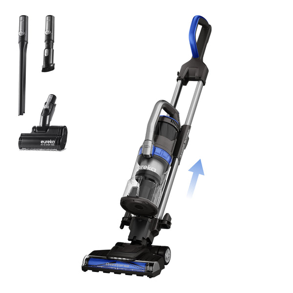 Eureka OmniVerse upright vacuum shown with its crevice tool, dusting brush and motorized pet and stair tool