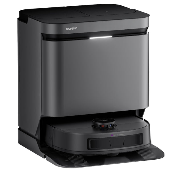 Eureka robot vacuum sitting in its tall self-emptying base station, shown from a slight angle