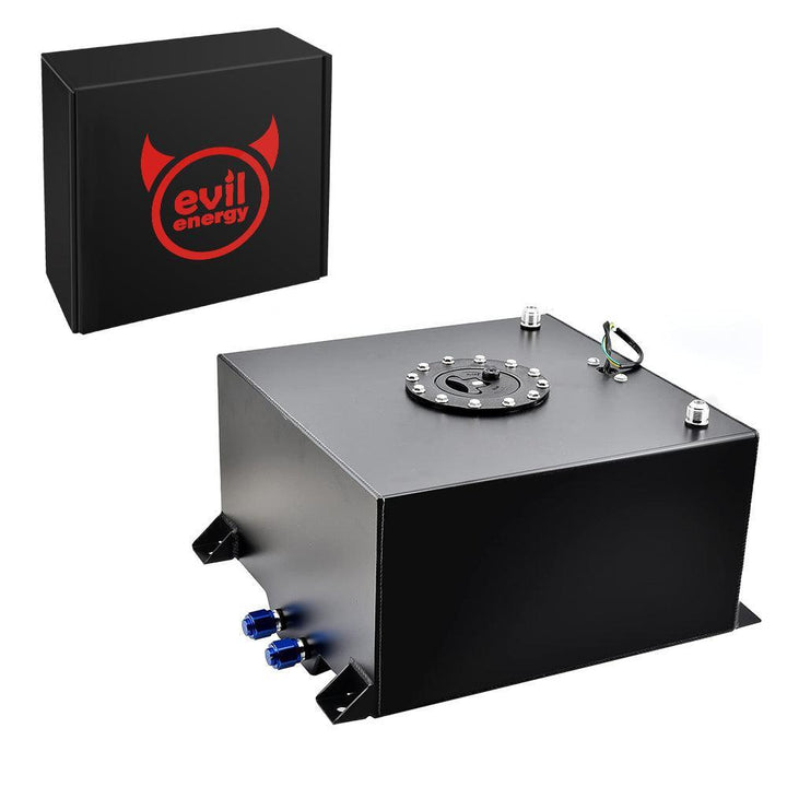 EVIL ENERGY black aluminum fuel cell tank next to the brand's black retail box