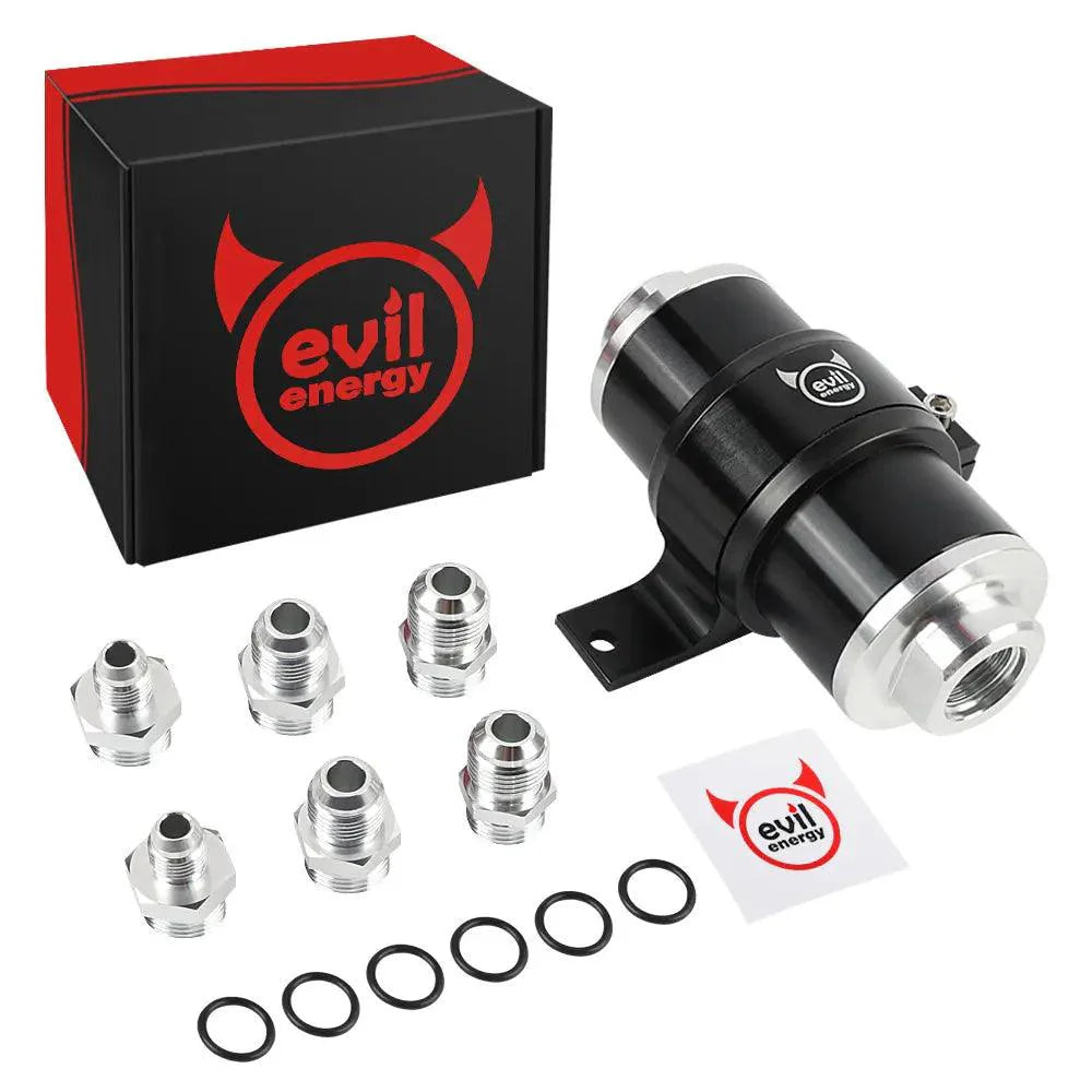 EVIL ENERGY inline fuel filter with aluminum adapter fittings, shown beside the brand's black and red box