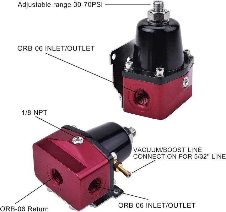 EVIL ENERGY red and black adjustable fuel pressure regulator shown from two angles with its ports labeled