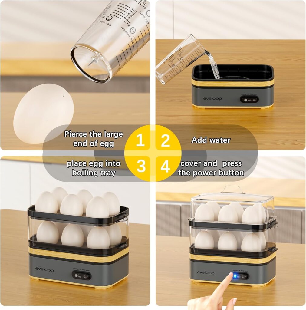 Four-step Evoloop egg cooker guide: pierce the egg, add water, place the eggs on the tray, then cover and press the power button