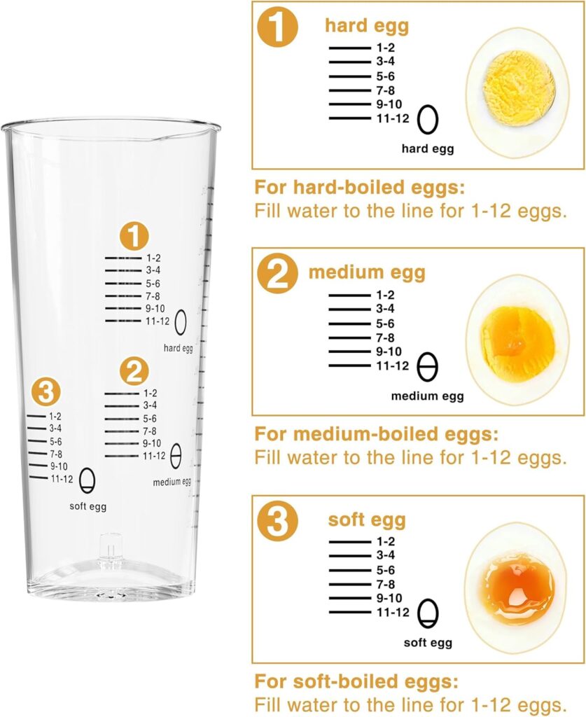 Evoloop measuring cup with marked water lines for hard, medium and soft boiled eggs, shown beside a cut egg at each doneness
