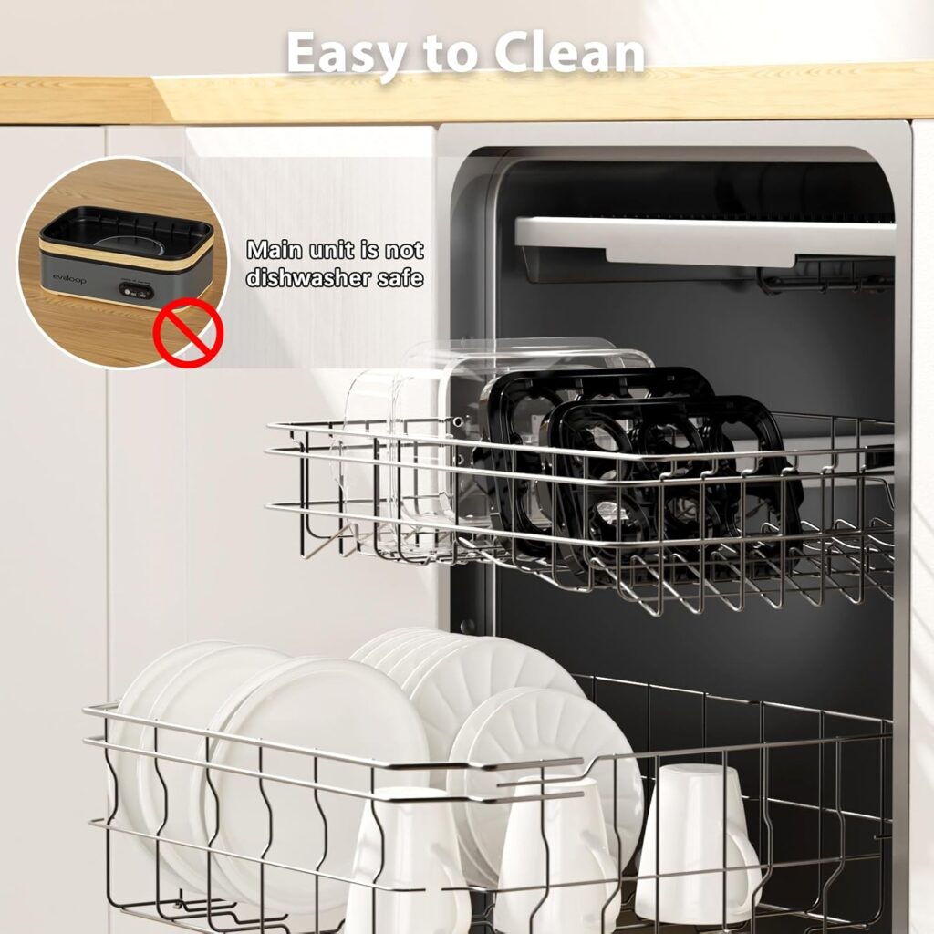 Evoloop egg cooker lid and trays loaded in a dishwasher, with a note that the main unit is not dishwasher safe