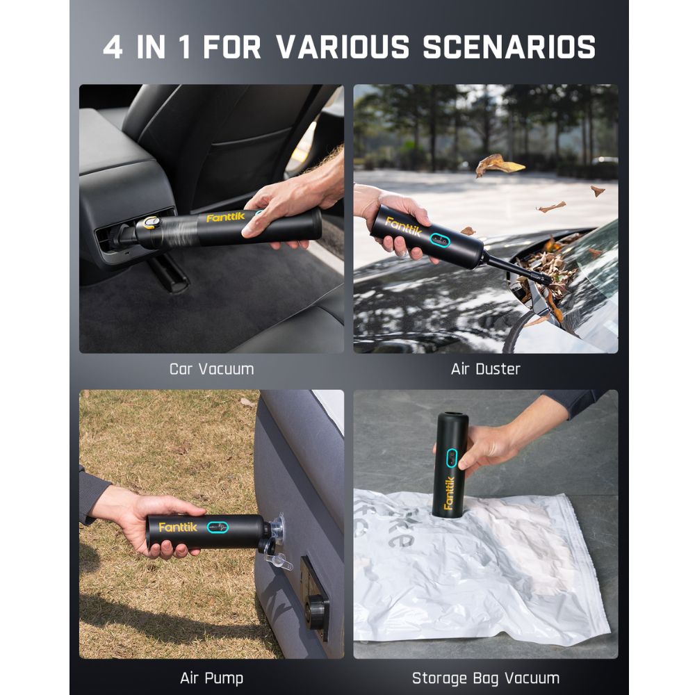 Four ways to use the Fanttik Slim V8 Apex: car vacuum, air duster, air pump and storage bag vacuum