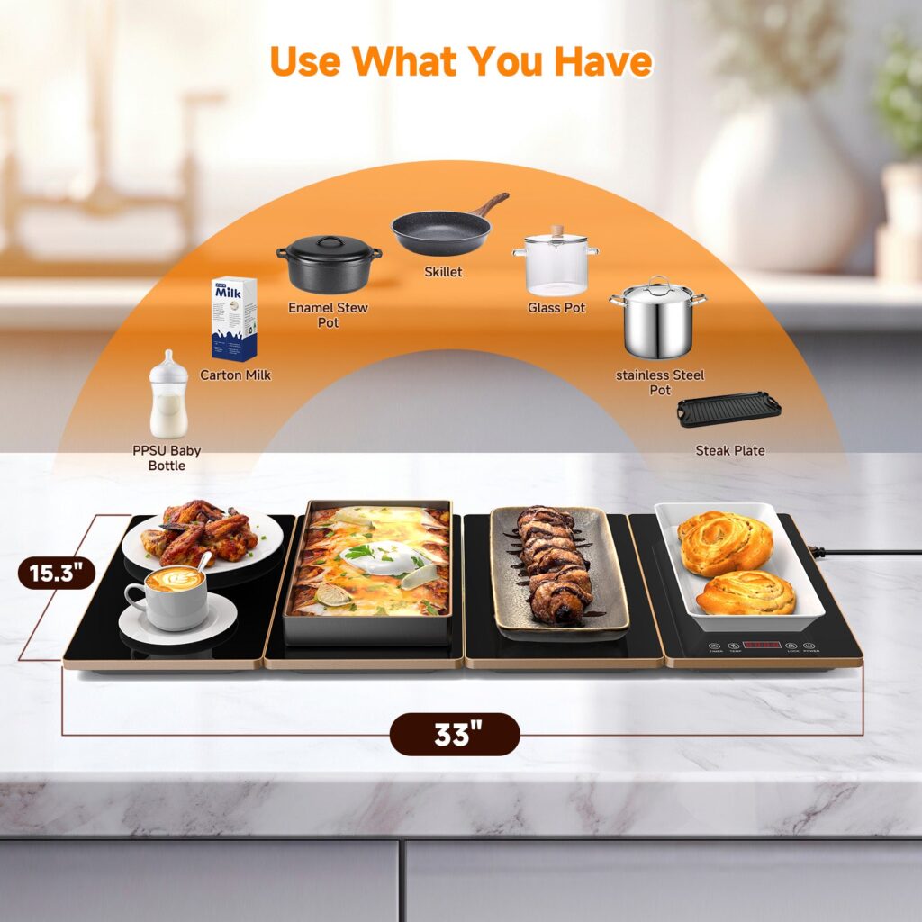 FEPPO modular glass warming tray holding four dishes, with the 33-inch length marked beneath the panels