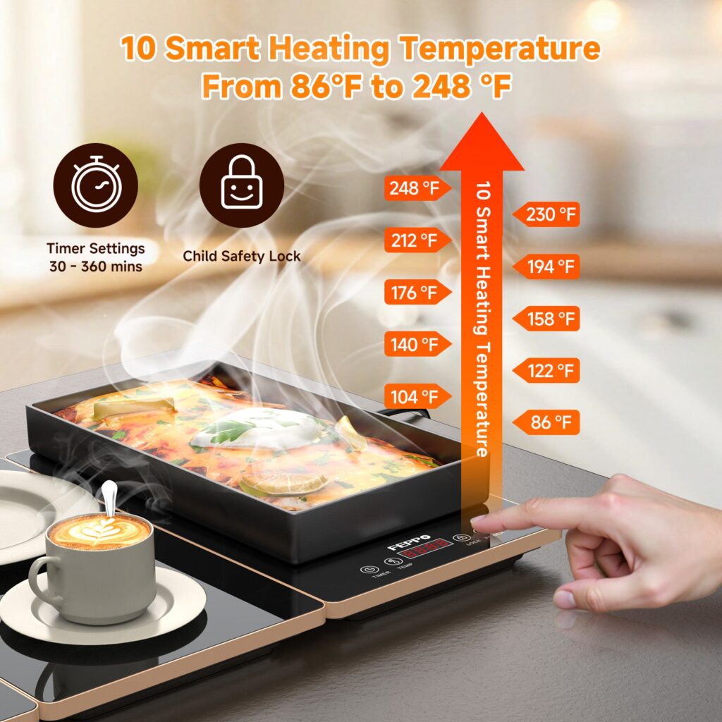 FEPPO warming tray control panel beside a temperature chart running from 86°F to 248°F, with a timer and child lock icon