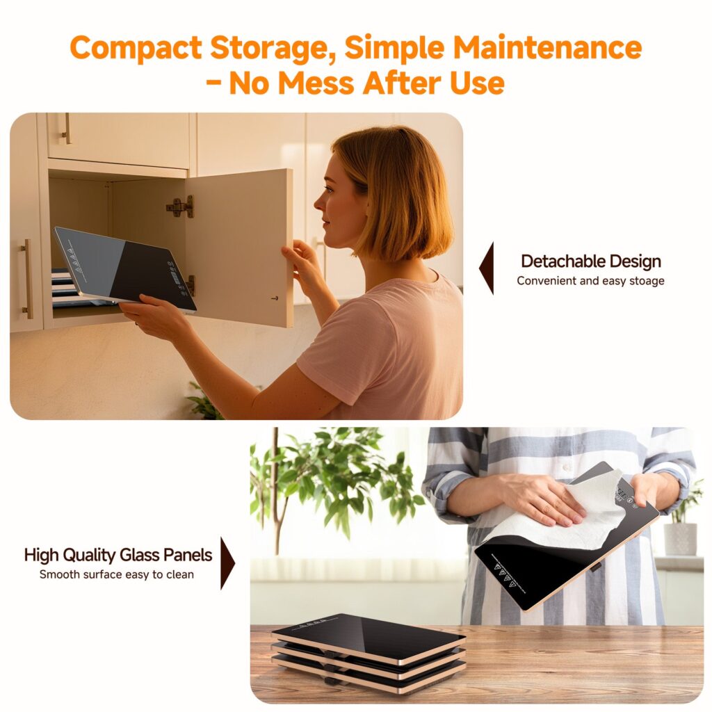 A woman sliding a FEPPO glass warming panel into a kitchen cabinet next to a stack of panels