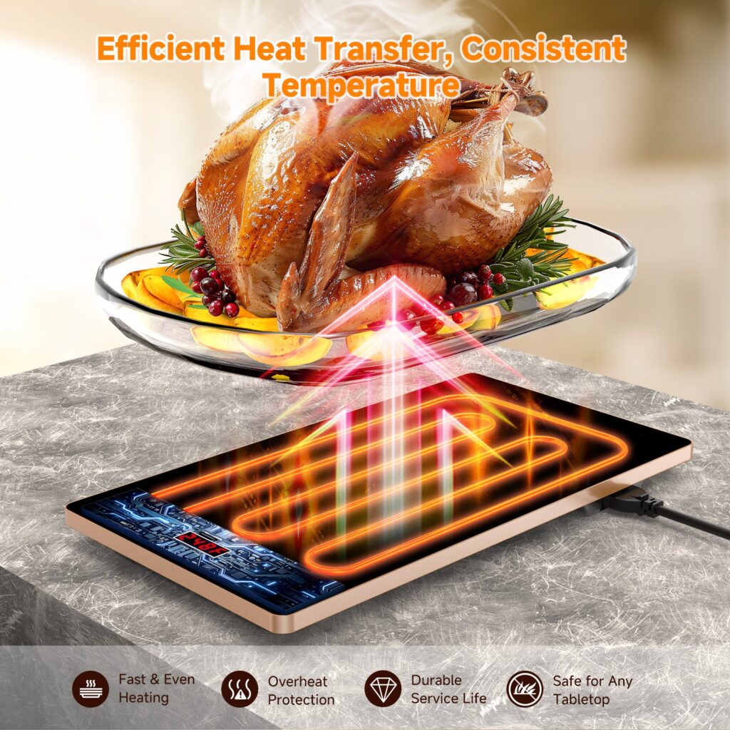 A roast turkey on a FEPPO glass warming surface with orange heat lines drawn beneath it