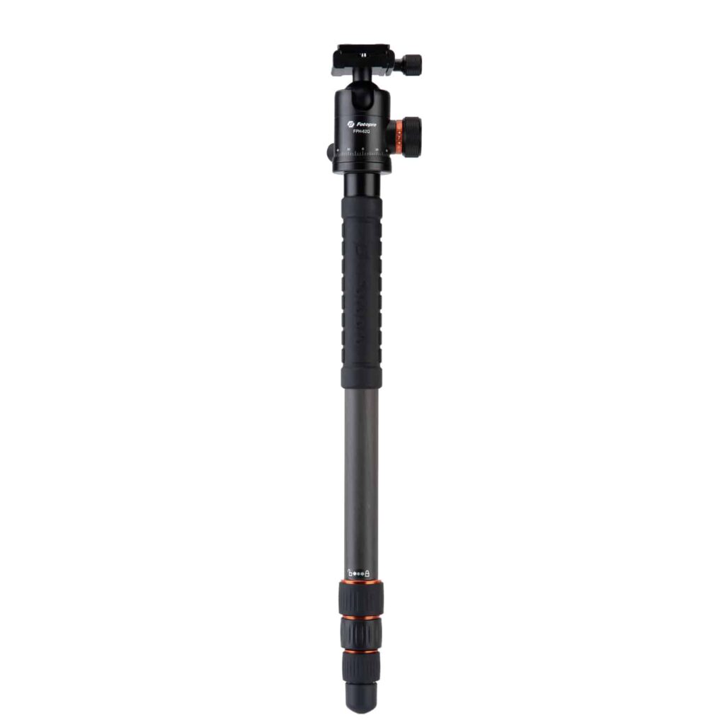 Fotopro X-Go Max leg with the ball head attached, set up as a monopod