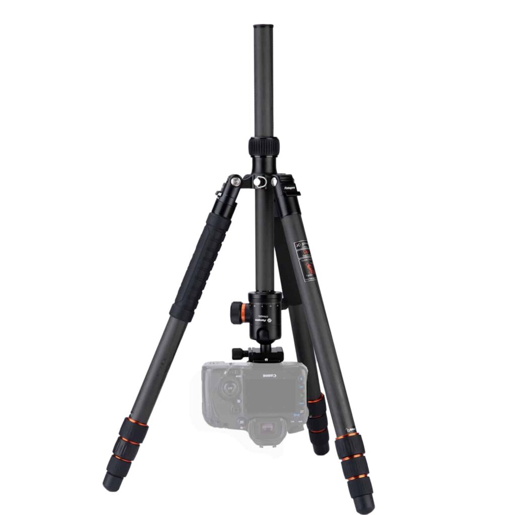 Fotopro X-Go Max with the center column inverted so the ball head and a camera hang low between the legs
