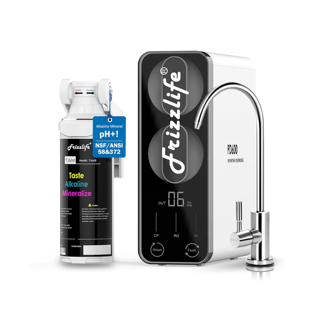 Frizzlife PD600 tankless reverse osmosis system beside its alkaline mineral cartridge