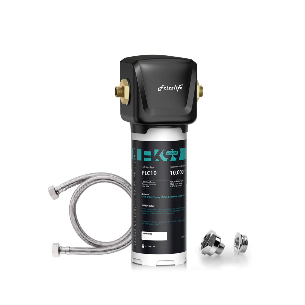 Frizzlife FK99 direct-connect under-sink filter with its brass fittings, braided hose and adapters