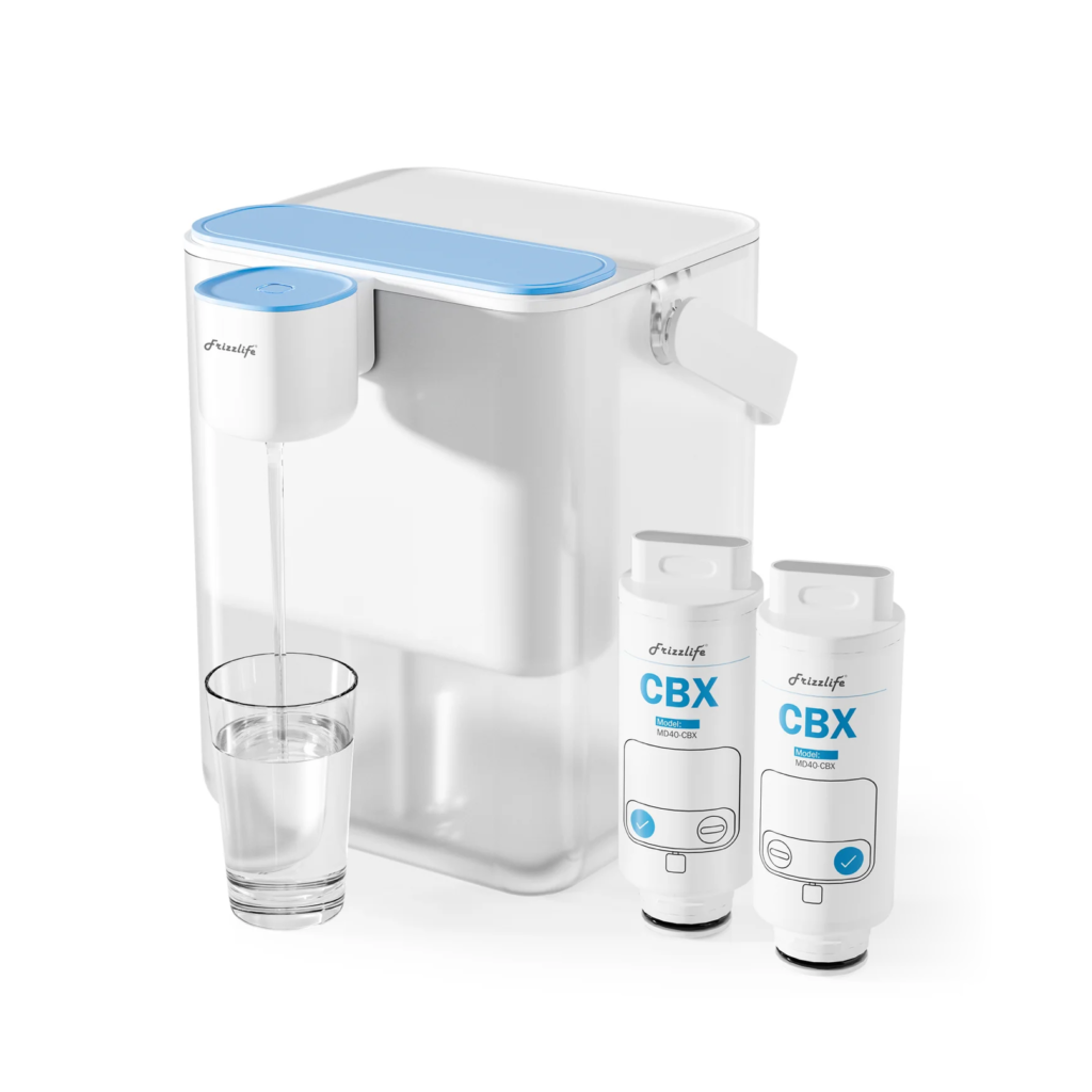 Frizzlife MD40 electric countertop water filter pitcher with two spare cartridges