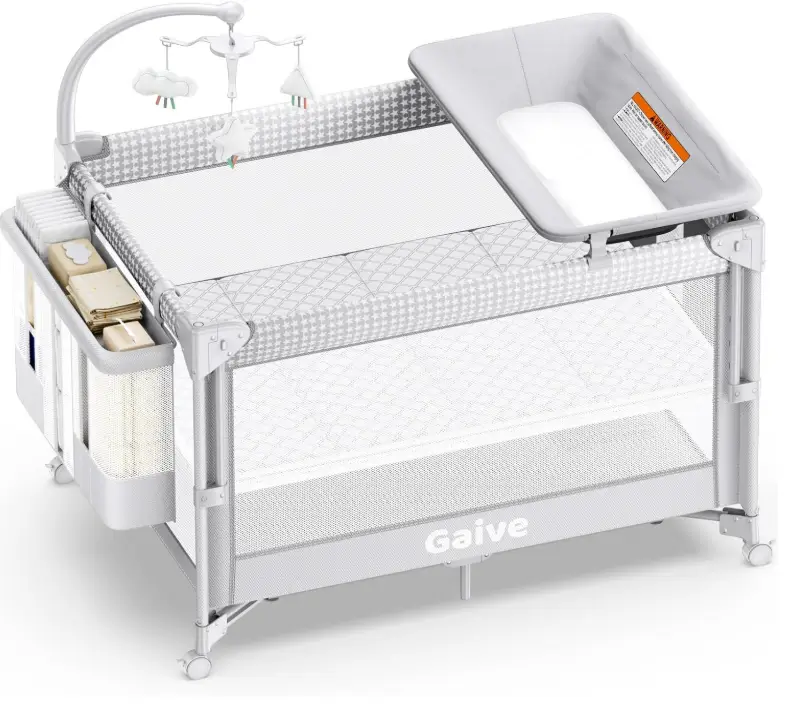 Gaive 4-in-1 baby bassinet in grey with mesh sides, a toy bar arm and a changing tray at the end