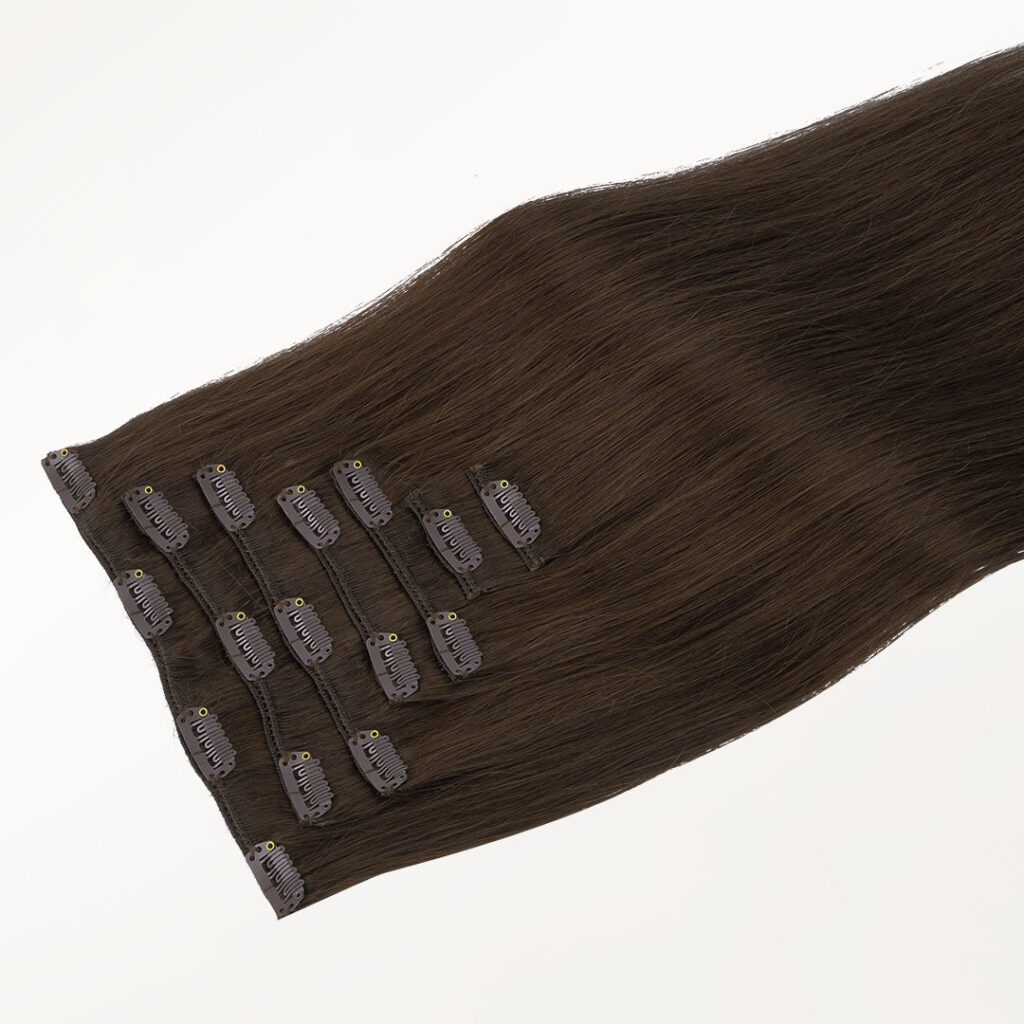 Chocolate brown Classic clip-in weft with its clips visible along one edge