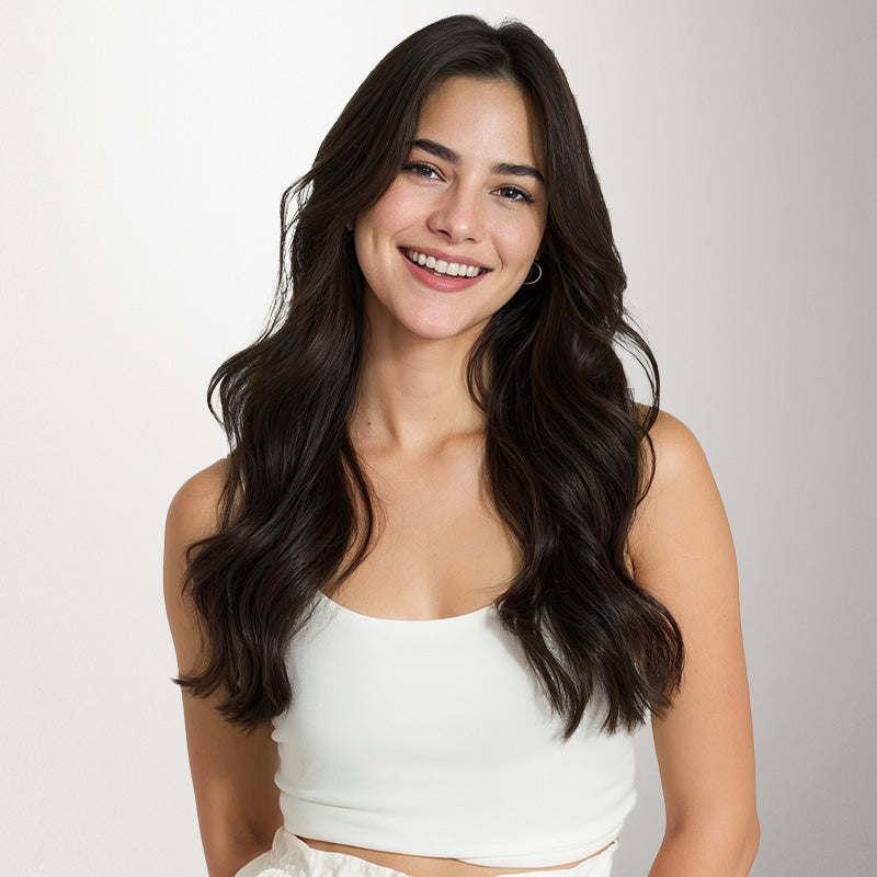 Smiling woman with long, dark, wavy hair
