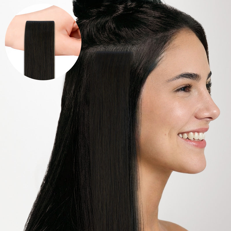 Smiling woman with long, straight, dark hair and an inset close-up of a tape-in piece