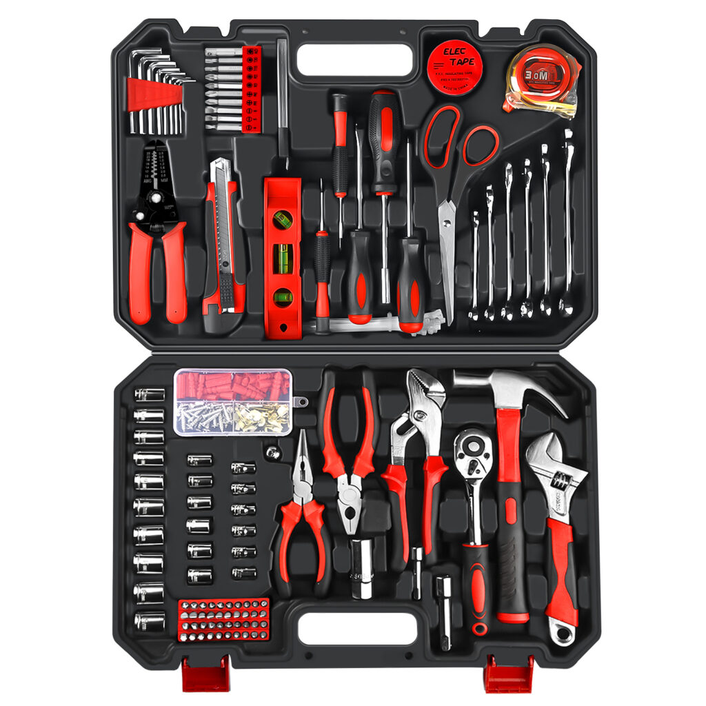 GoYwato 287-piece home tool kit laid flat in its black case with a socket set, hammer, pliers, wrenches and screwdriver bits