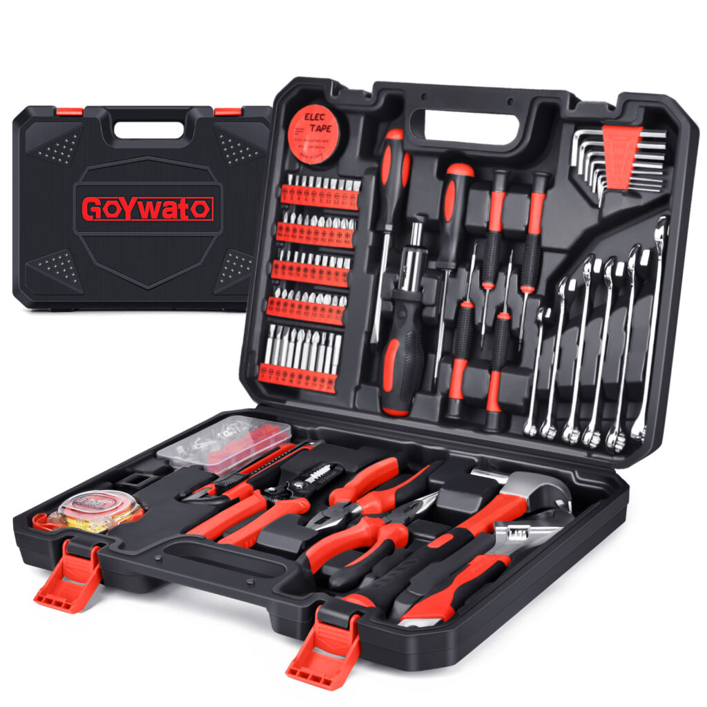 GoYwato 214-piece home tool kit open in its case with the logo on the lid and tools in molded slots