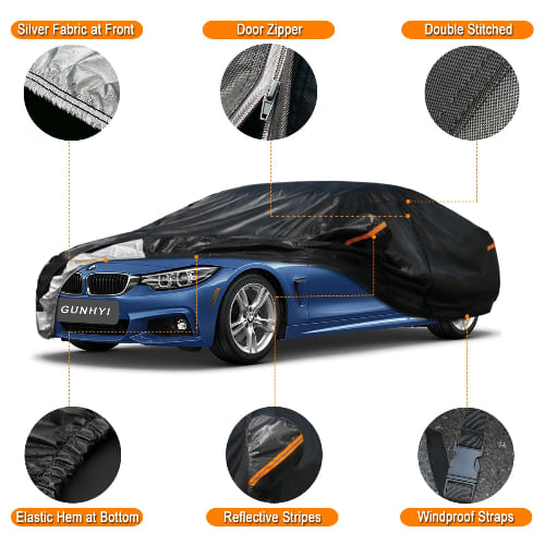 Dark car cover pulled over a blue coupe, with labeled close-ups of the door zipper, reflective stripes and windproof straps