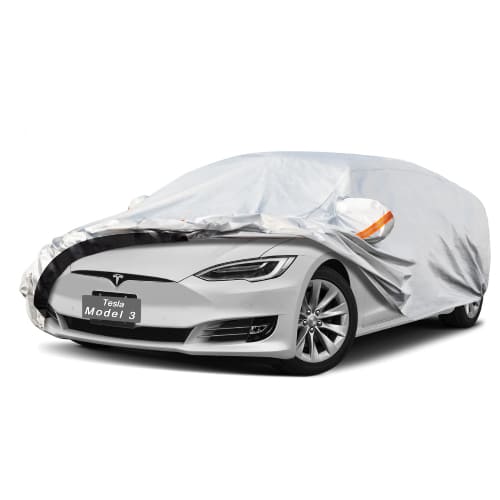 Silver car cover pulled back from the nose of a Tesla Model 3 to show the fitted fabric