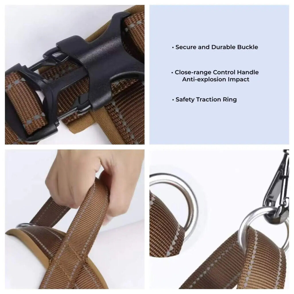 Close-up collage of a brown harness showing a buckle, a hand gripping the top handle and a metal ring clipped to a leash