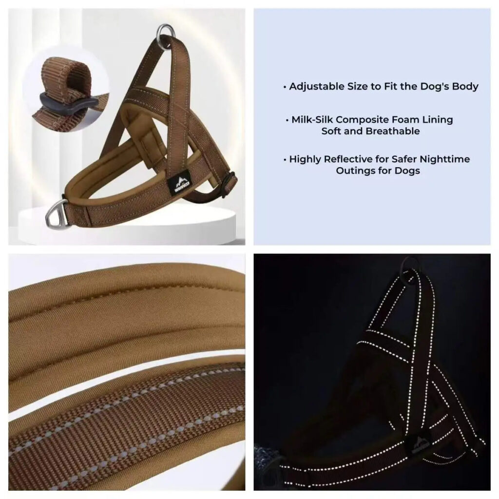 Four-panel image of a brown harness showing its adjustable fit, soft padded lining and reflective stitching glowing in the dark