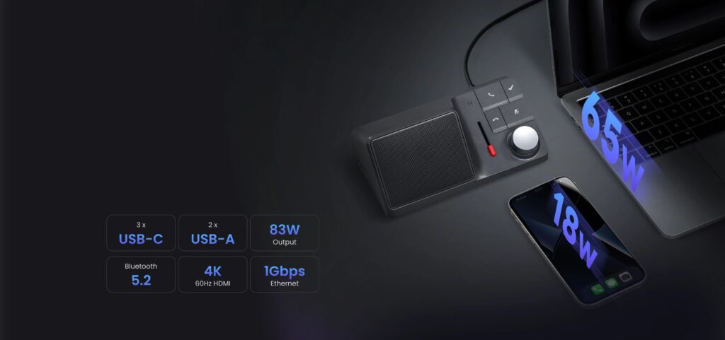 HiDock H1E docking station on a desk beside a laptop and phone, with labels for its USB-C, USB-A, HDMI, Ethernet and power specs