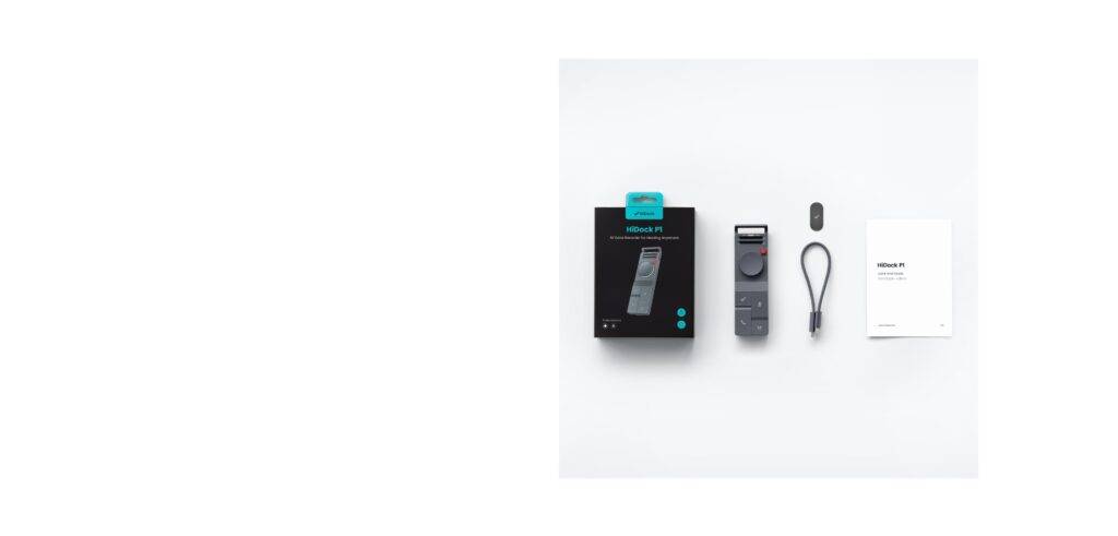 HiDock P1 retail box laid out beside the recorder, a cable and the quick start guide