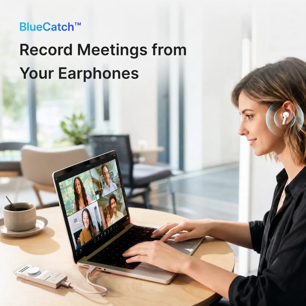 Woman wearing a wireless earphone on a laptop video call with a HiDock P1 recorder plugged in beside the laptop