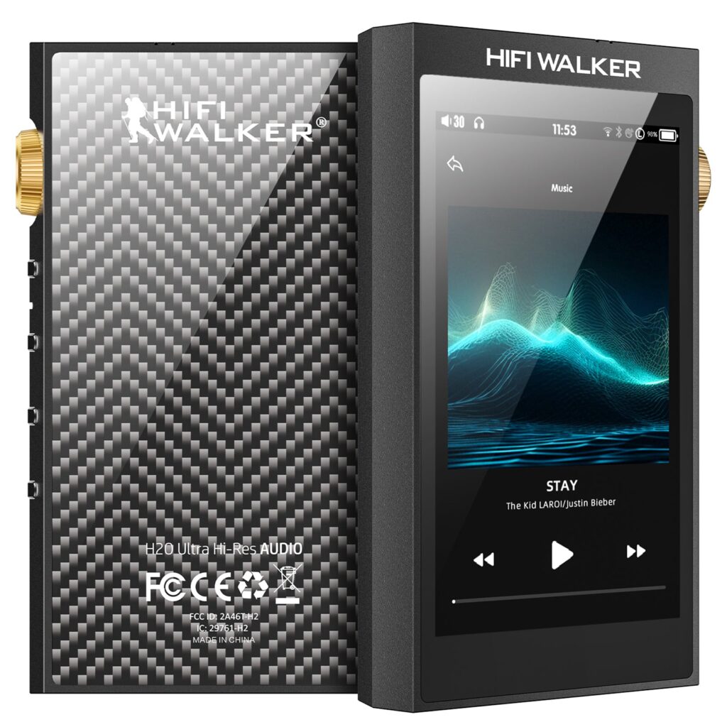 HIFI WALKER H20 Ultra flagship player showing its carbon-pattern back and touchscreen front