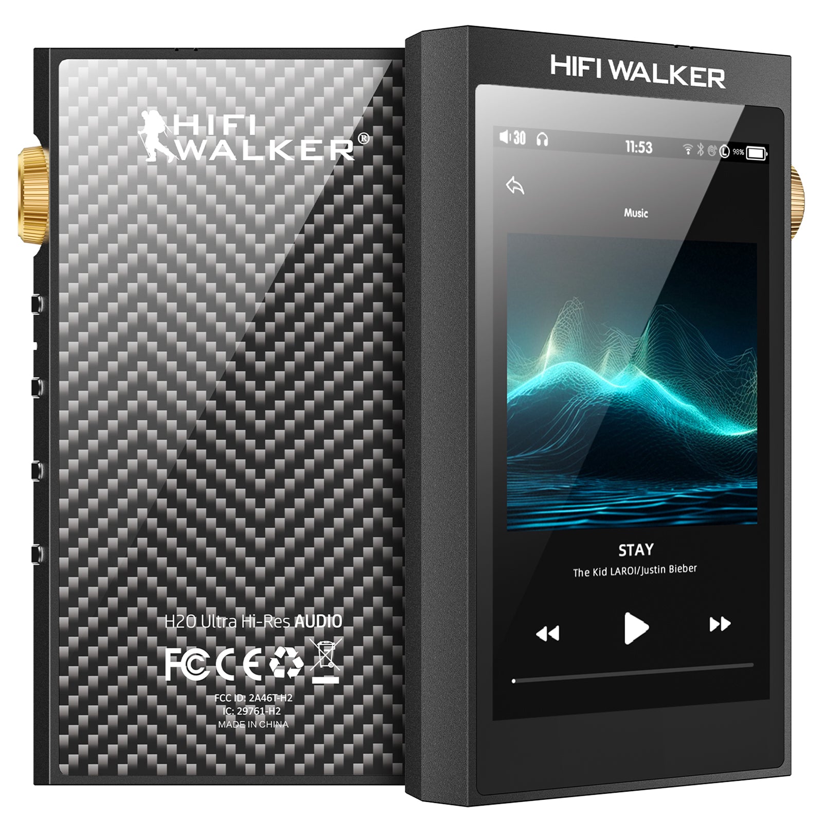 HIFI WALKER H20 Ultra flagship player showing its carbon-pattern back and touchscreen front