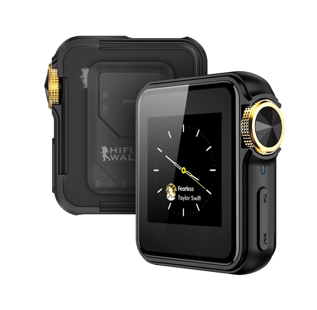 HIFI WALKER H2 Mini compact square player with a gold-ringed dial and clip back