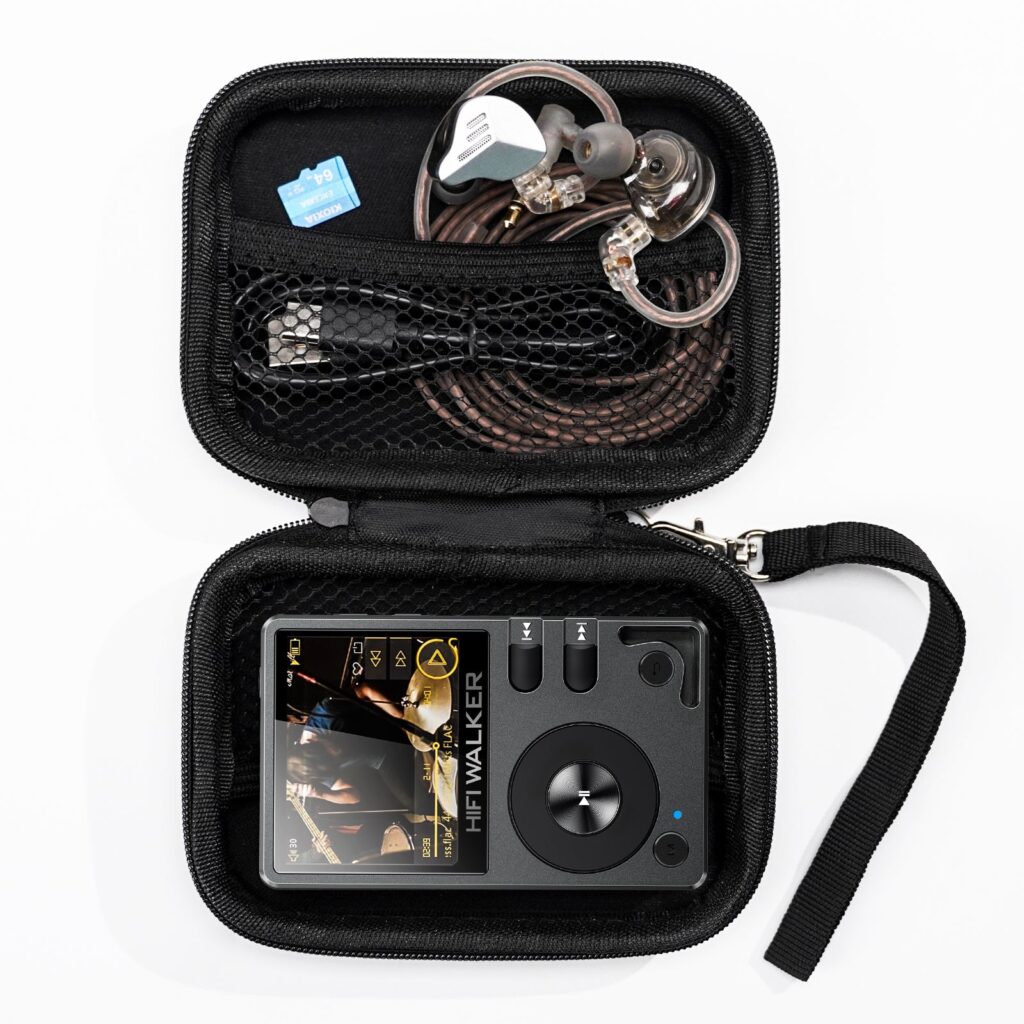 Open zip-up EVA case holding a HIFI WALKER player, in-ear monitors, a cable and a microSD card