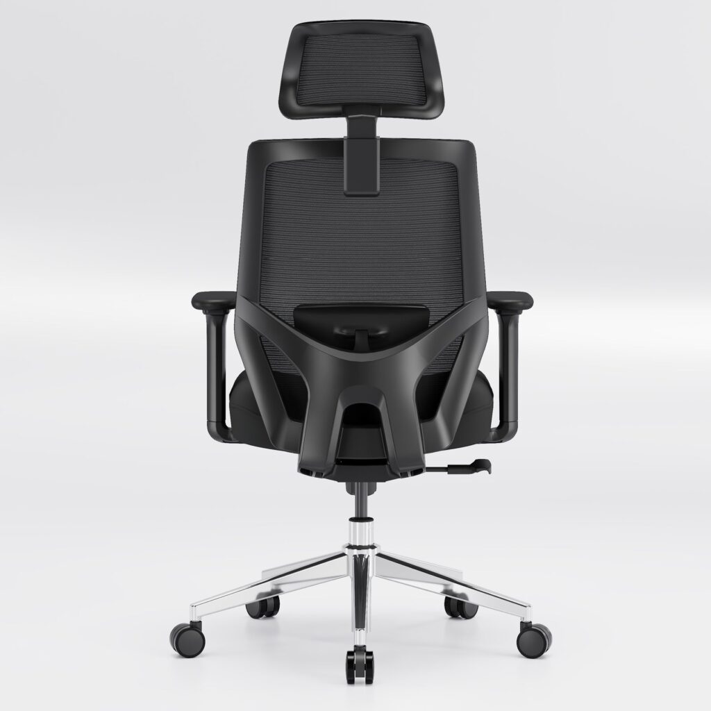 Rear view of a black mesh office chair with a headrest, armrests and a lumbar pad against a plain grey backdrop