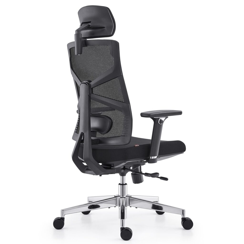 Rear three-quarter view of a black mesh office chair showing the backrest frame, lumbar pad and adjustable armrest