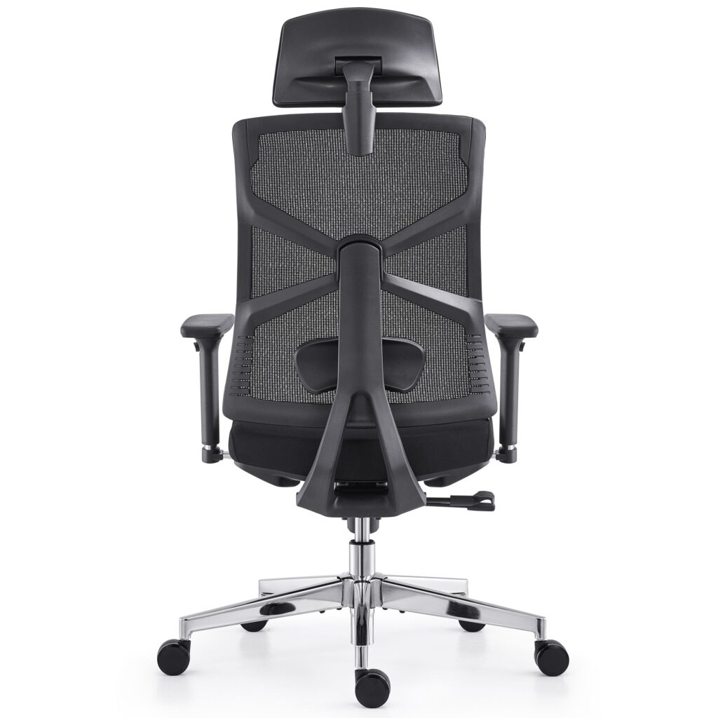 Rear view of a black mesh office chair with a headrest, armrests and a chrome five-star base
