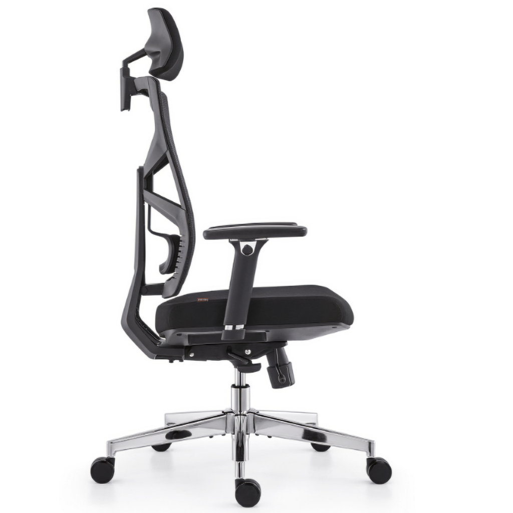 Side profile of a black mesh office chair showing the headrest, curved backrest, armrest and cushioned seat