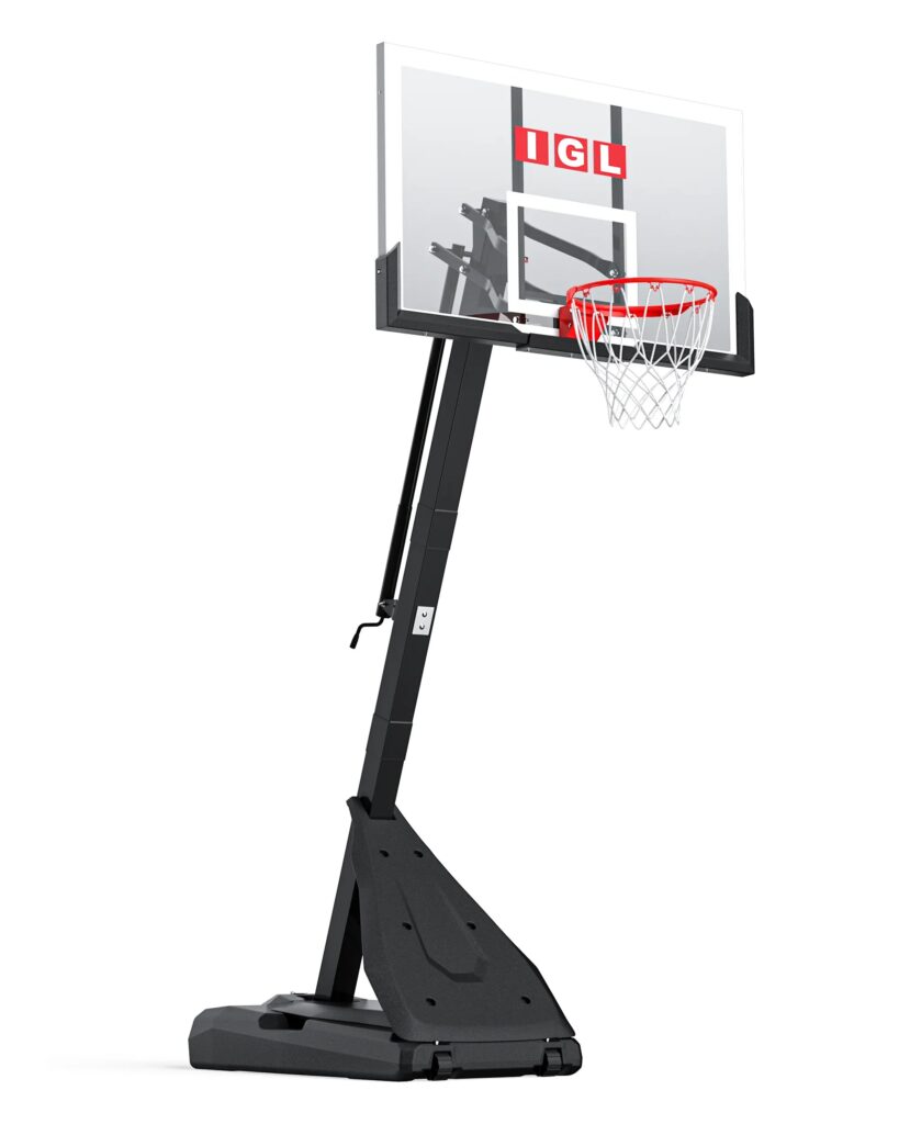 IGL Titan Flex portable basketball hoop with a large clear backboard and angled filled base