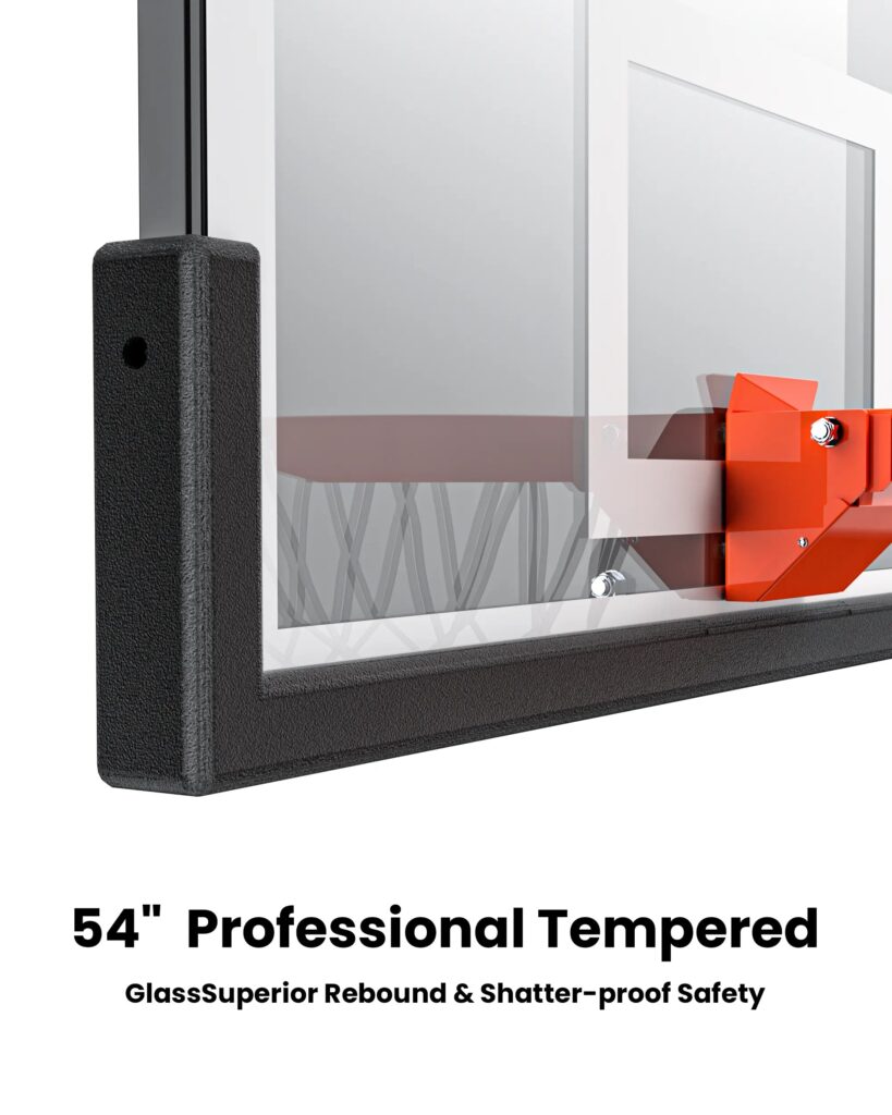Close-up of a tempered glass basketball backboard corner with a protective black frame and orange rim bracket