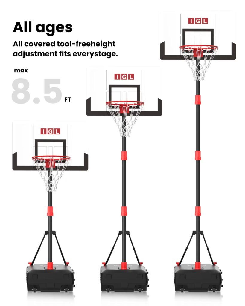 Three IGL Travel Hoop setups at different pole heights, showing the height adjustment at three levels