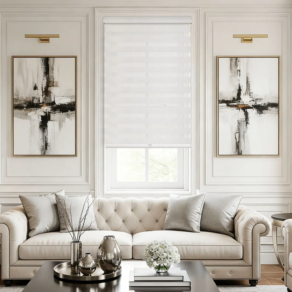 inCustom Modern Daylight cassette zebra blind above a sofa in a living room