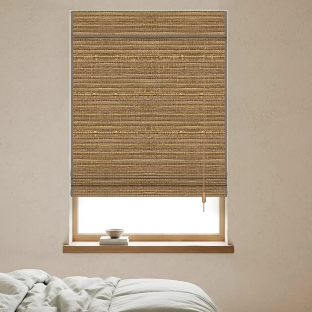 inCustom woven wood shade with a natural texture above a bedroom window