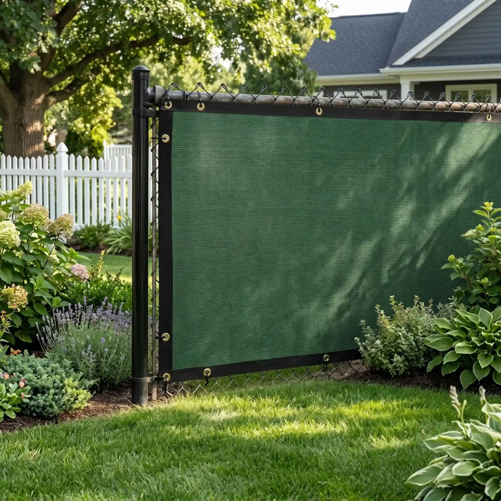 inCustom outdoor privacy screen in dark green hung on a garden fence