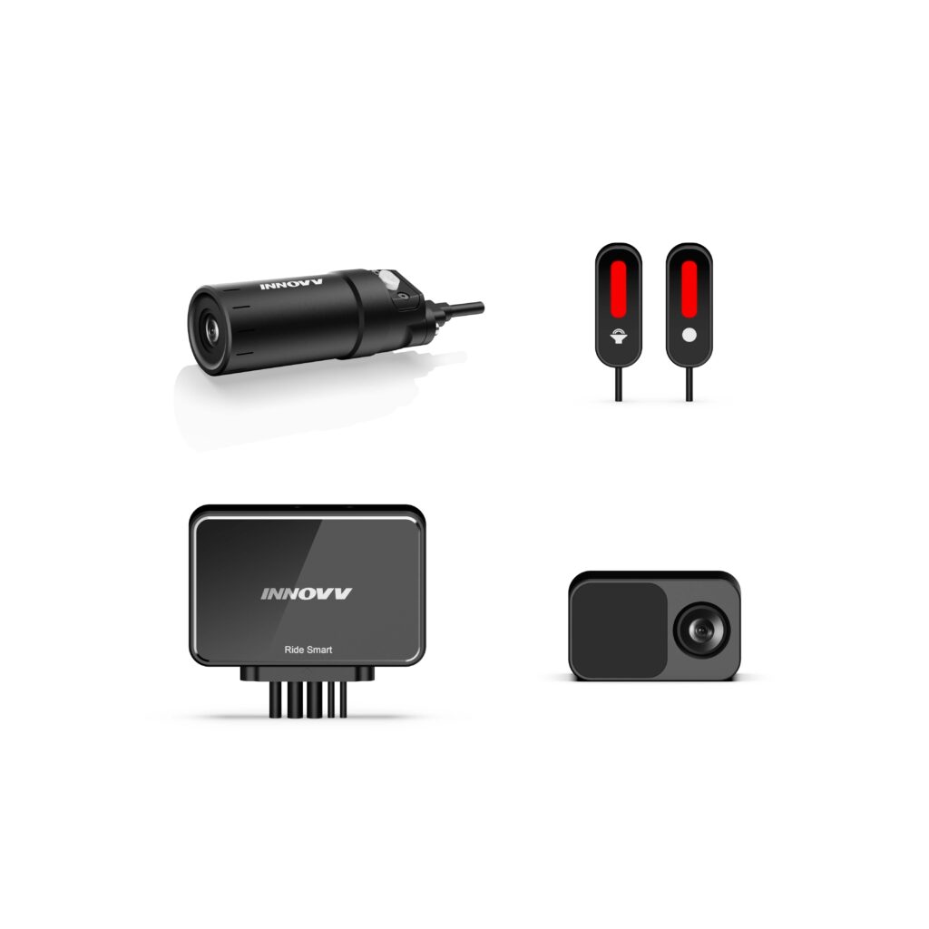 INNOVV RC6 combo kit with a front camera, two red LED indicators, a control box and a rear camera