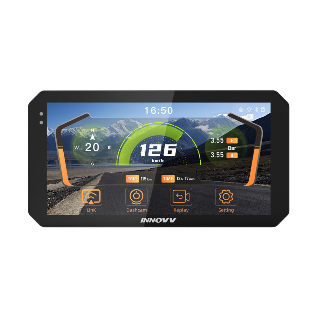 INNOVV N2 smart display showing a speedometer, a navigation compass and tire pressure readouts